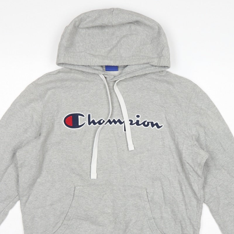 Champion Men Grey L Pullover Hoodie Embroidered Logo Pockets