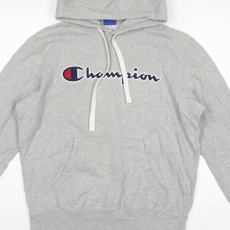 Champion Men Grey L Pullover Hoodie Embroidered Logo Pockets
