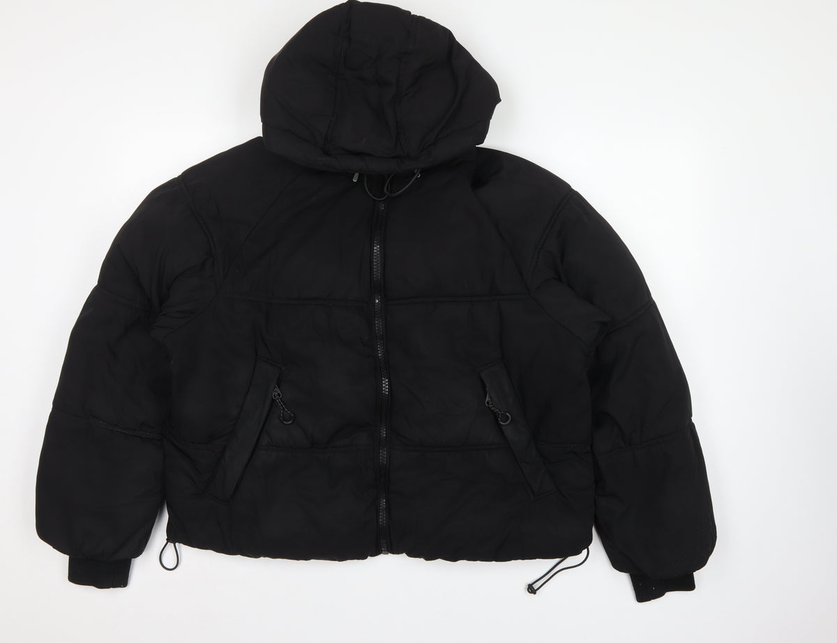Pull&Bear Women Black S Cropped Hooded Puffer Jacket Zip