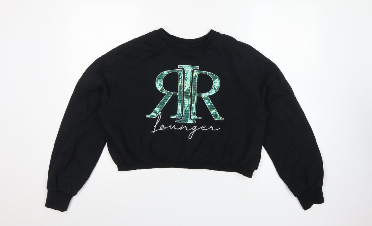 River Island Girls Black 15-16 Years Sequin Logo Pullover Sweatshirt