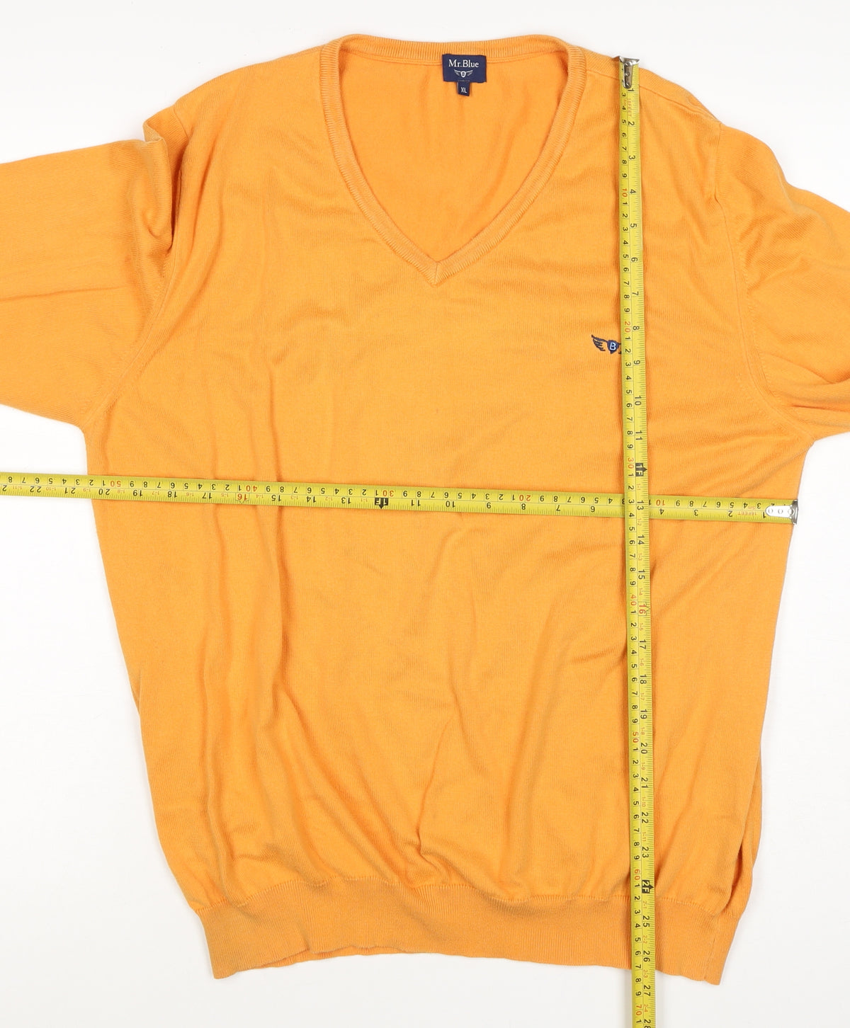 Mr.Blue Men's Orange XL V-Neck Cotton Knit Pullover Logo Jumper
