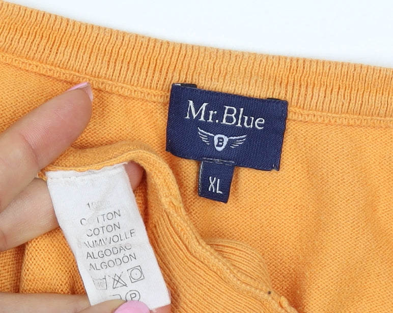 Mr.Blue Men's Orange XL V-Neck Cotton Knit Pullover Logo Jumper
