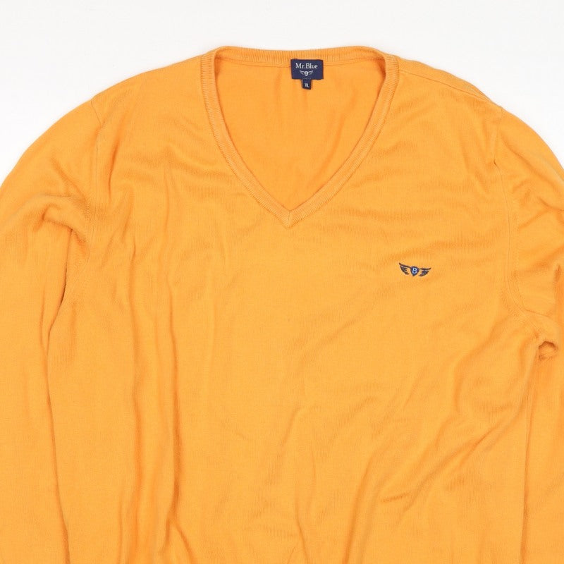 Mr.Blue Men's Orange XL V-Neck Cotton Knit Pullover Logo Jumper