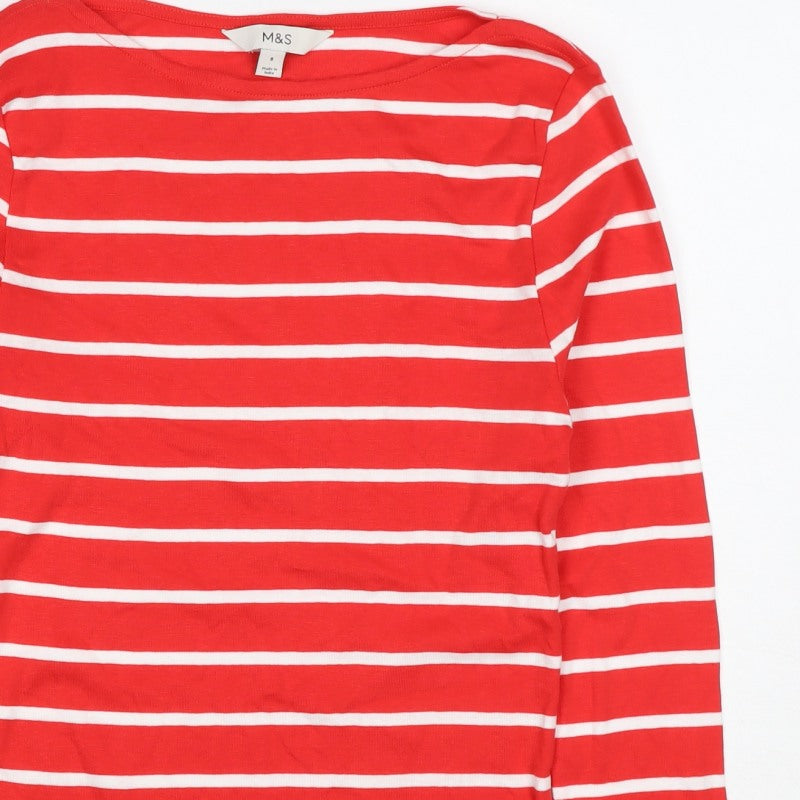 Marks and Spencer Women Red Stripe Basic Boat Neck Long Sleeve Top UK 8