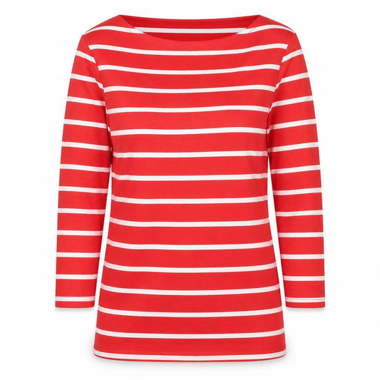 Marks and Spencer Women Red Stripe Basic Boat Neck Long Sleeve Top UK 8