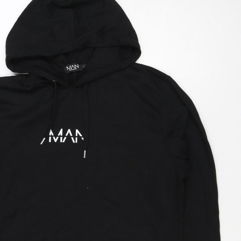boohooMAN Men’s Black L Logo Pullover Hoodie Drawstring Pockets