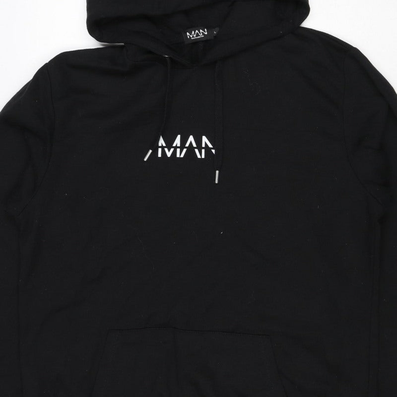 boohooMAN Men’s Black L Logo Pullover Hoodie Drawstring Pockets