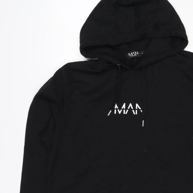 boohooMAN Men’s Black L Logo Pullover Hoodie Drawstring Pockets