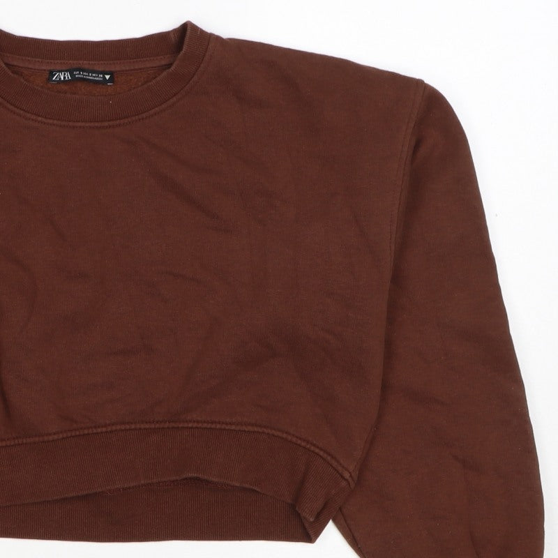 Zara Women Brown S Pullover Sweatshirt Crew Neck Long Sleeve