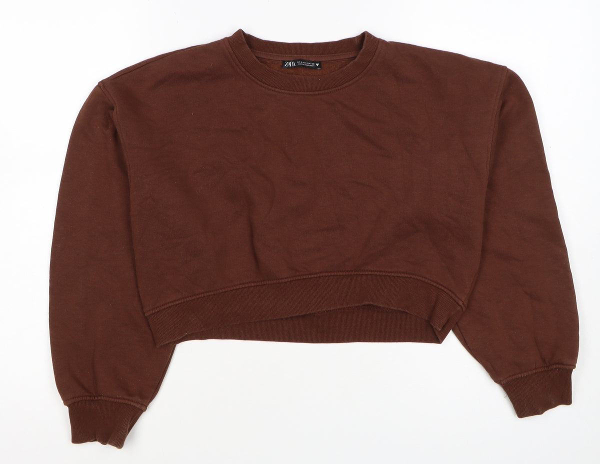 Zara Women Brown S Pullover Sweatshirt Crew Neck Long Sleeve