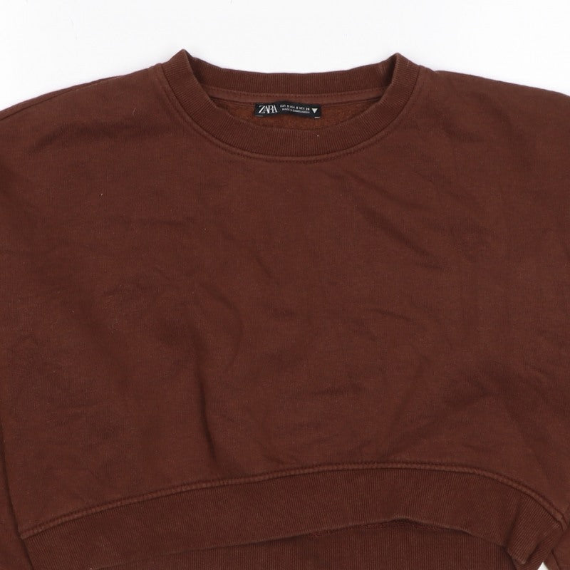 Zara Women Brown S Pullover Sweatshirt Crew Neck Long Sleeve