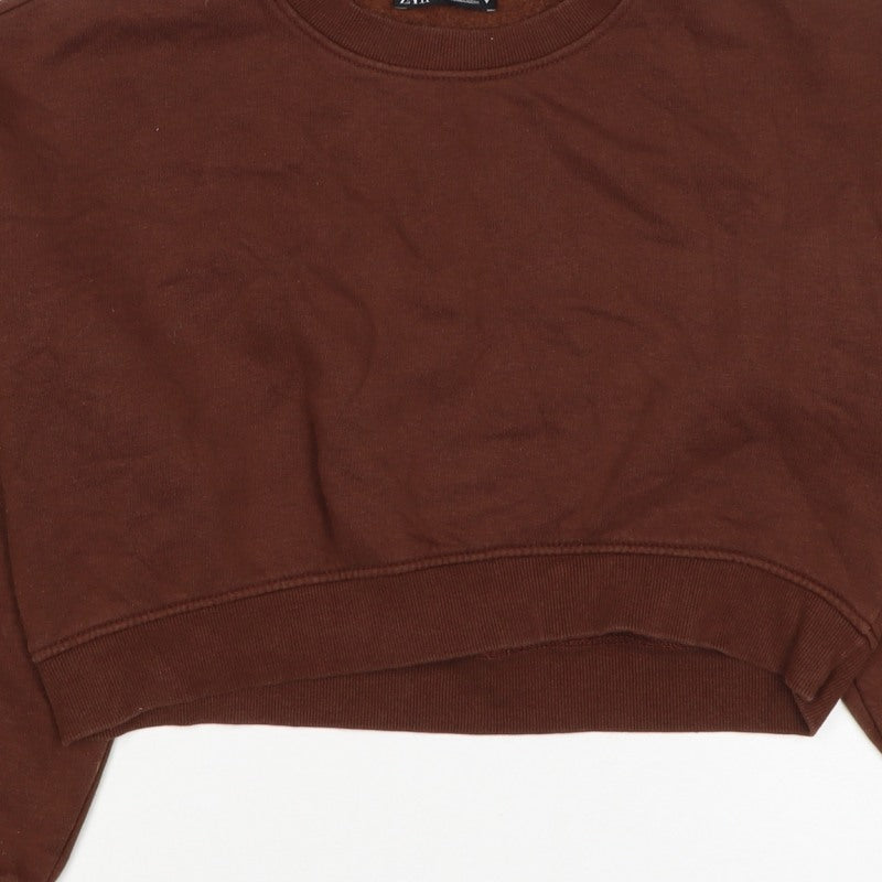 Zara Women Brown S Pullover Sweatshirt Crew Neck Long Sleeve