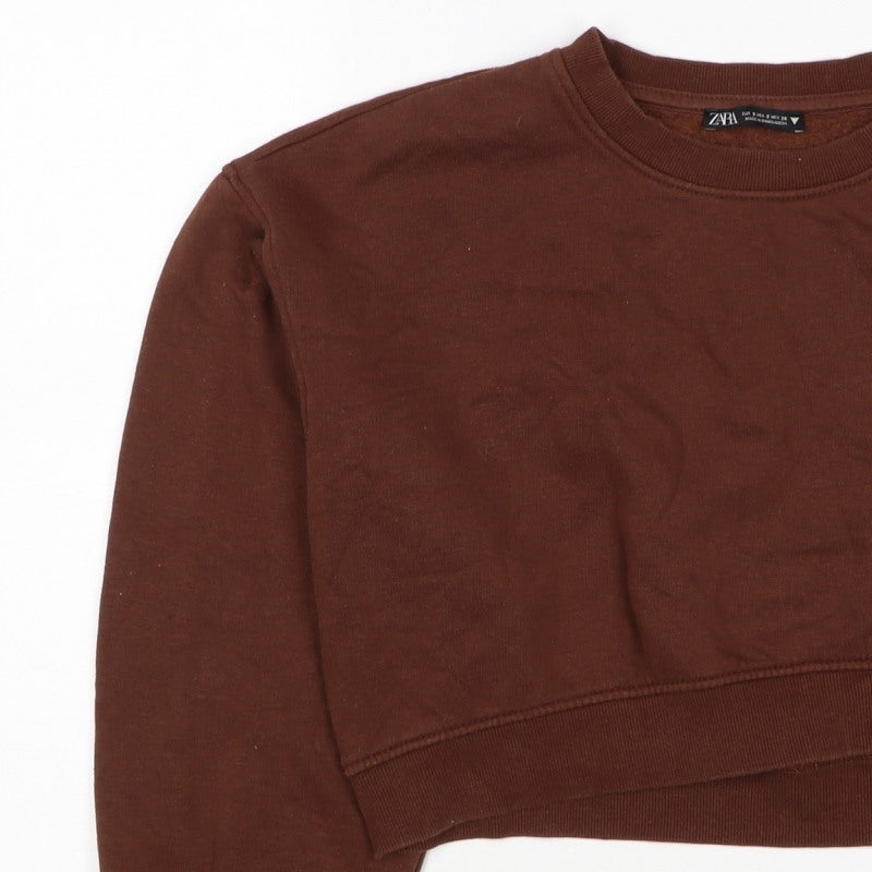 Zara Women Brown S Pullover Sweatshirt Crew Neck Long Sleeve