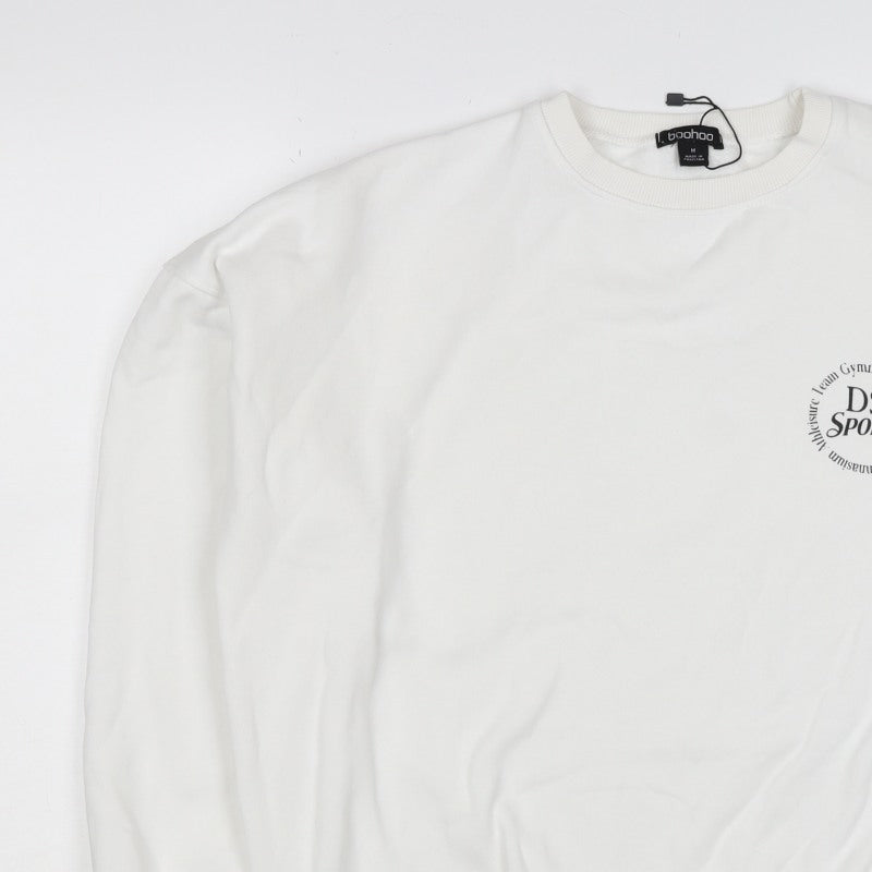 Boohoo Men’s White M DS Sports Logo Graphic Crew Neck Pullover Sweatshirt