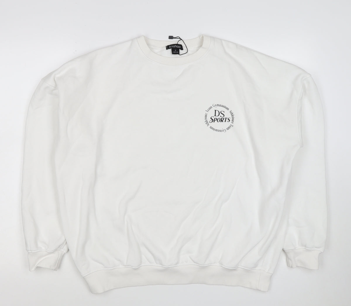 Boohoo Men’s White M DS Sports Logo Graphic Crew Neck Pullover Sweatshirt