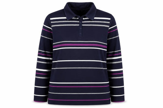 Damart Women’s Blue Striped Cotton Jersey Polo Top UK 22 Long Sleeve