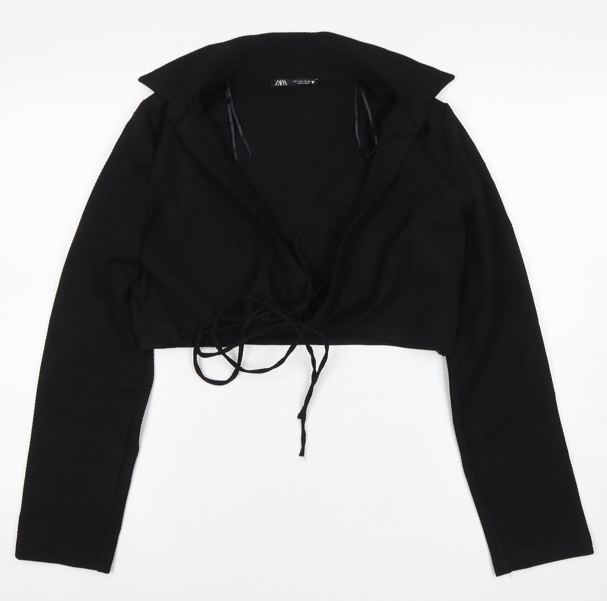 Zara Women Black L Cropped Wrap Tie Long Sleeve Collared Blouse
