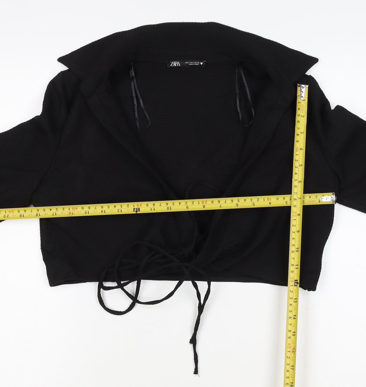 Zara Women Black L Cropped Wrap Tie Long Sleeve Collared Blouse