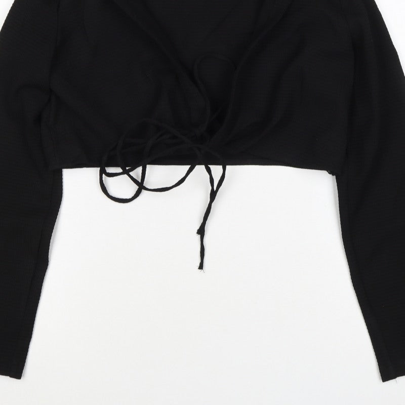 Zara Women Black L Cropped Wrap Tie Long Sleeve Collared Blouse