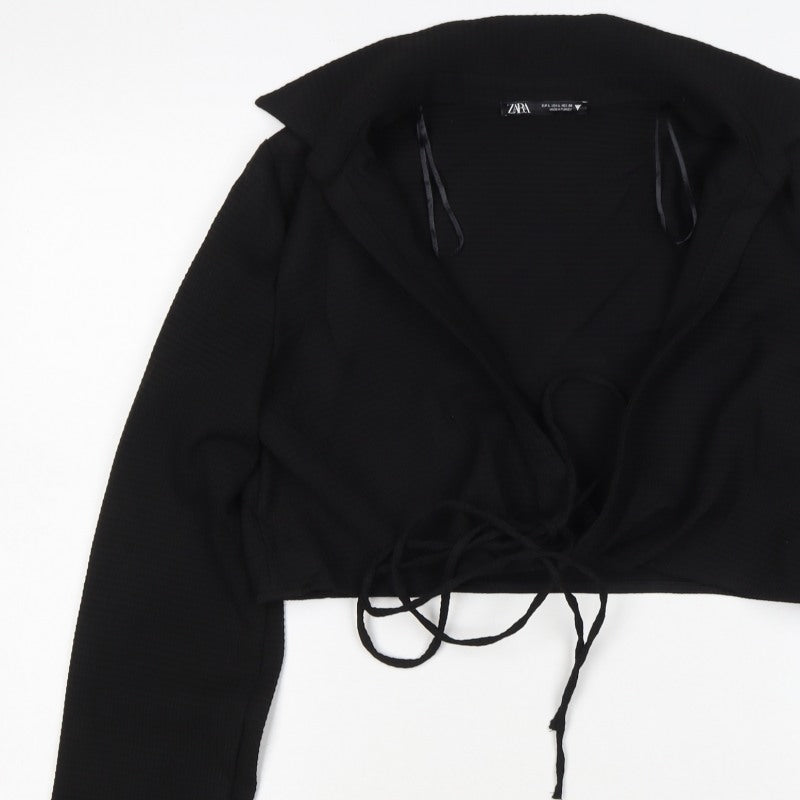 Zara Women Black L Cropped Wrap Tie Long Sleeve Collared Blouse