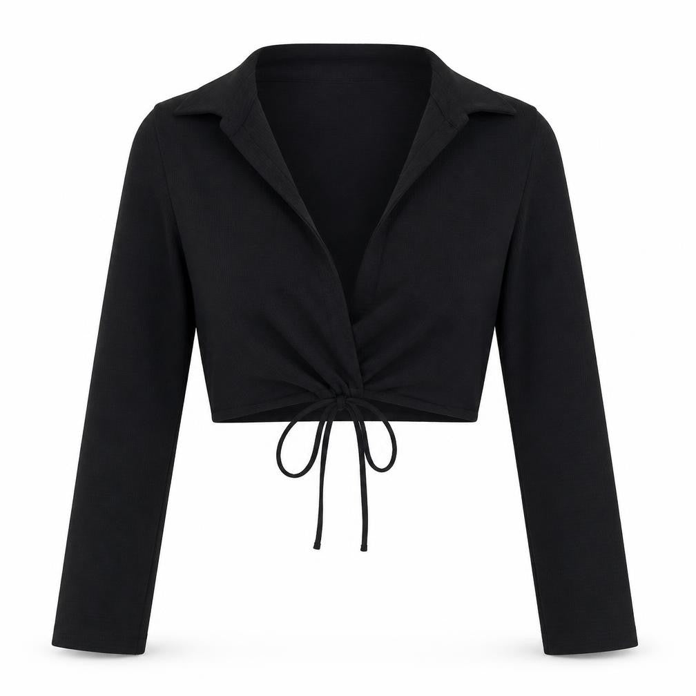 Zara Women Black L Cropped Wrap Tie Long Sleeve Collared Blouse