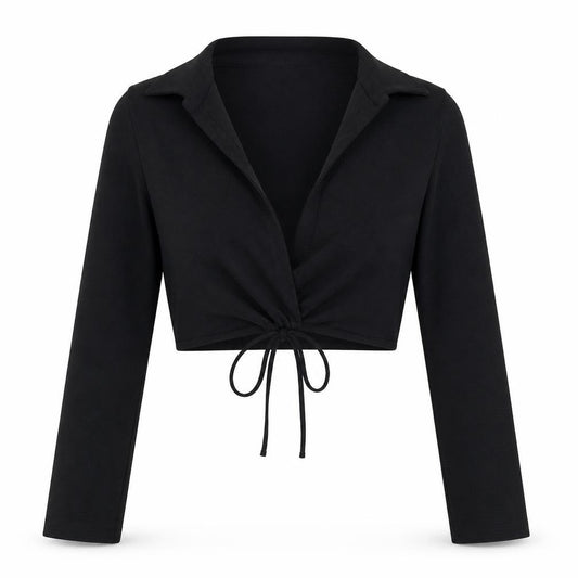 Zara Women Black L Cropped Wrap Tie Long Sleeve Collared Blouse
