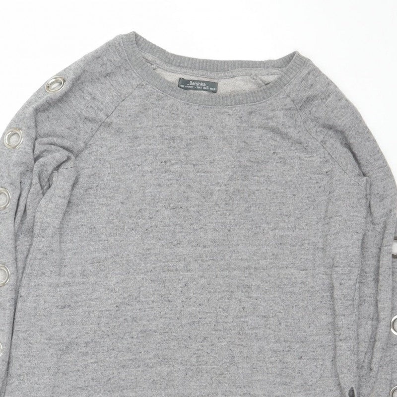 Bershka Women Grey S Pullover Crew Neck Eyelet Sweatshirt
