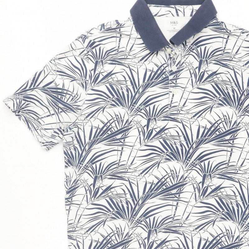 Marks and Spencer Men White Blue Tropical Leaf Cotton Polo Shirt M