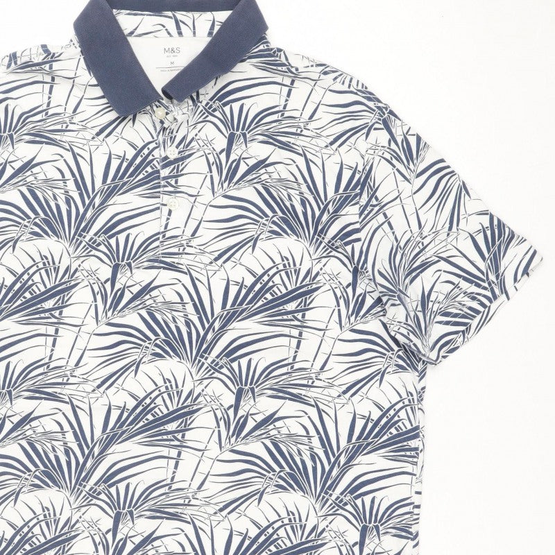 Marks and Spencer Men White Blue Tropical Leaf Cotton Polo Shirt M