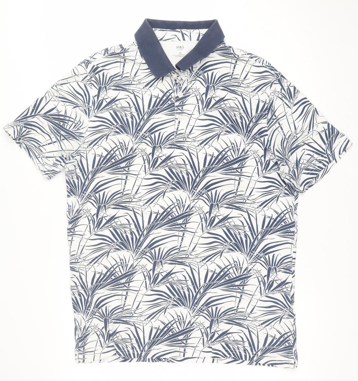 Marks and Spencer Men White Blue Tropical Leaf Cotton Polo Shirt M