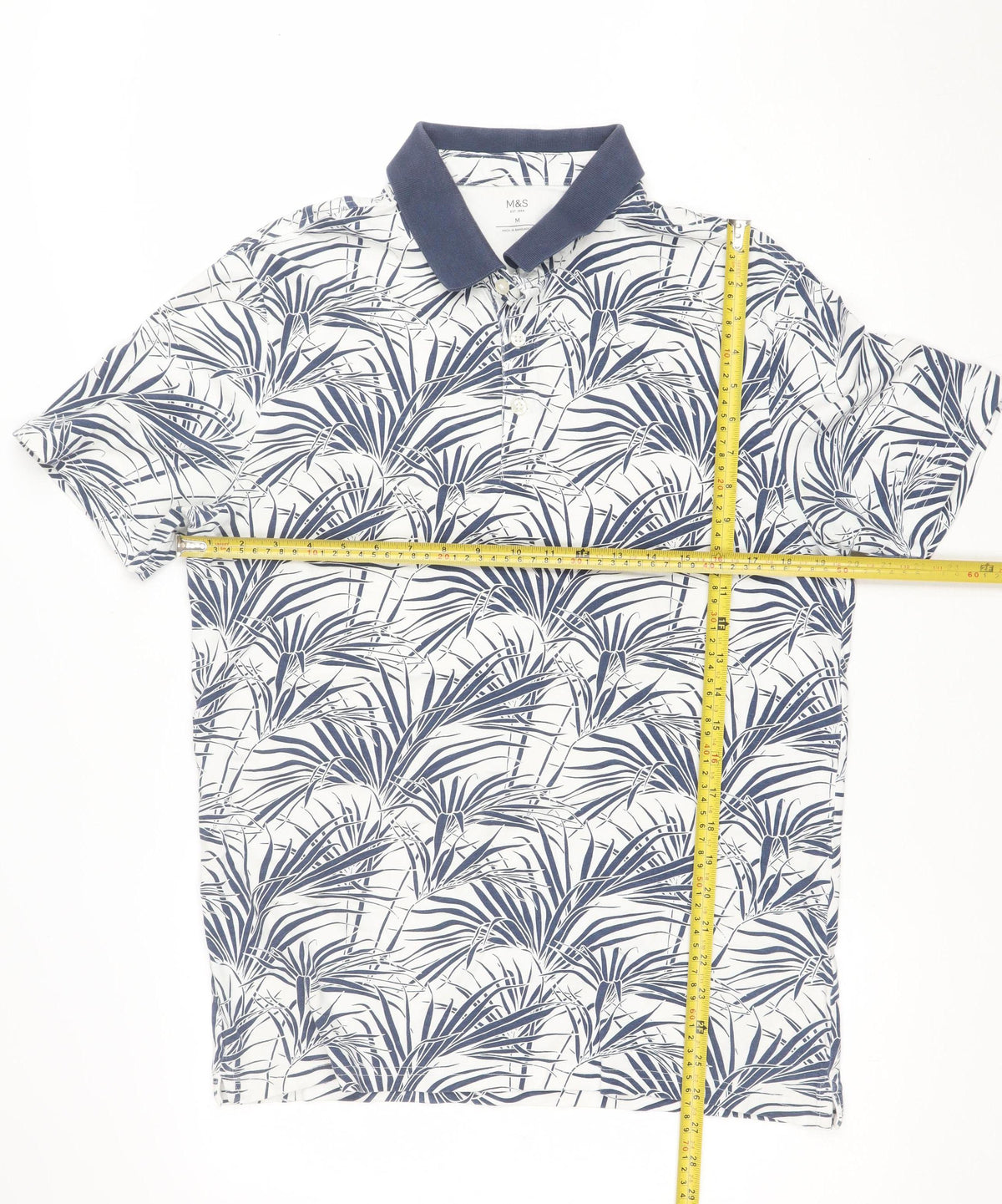 Marks and Spencer Men White Blue Tropical Leaf Cotton Polo Shirt M