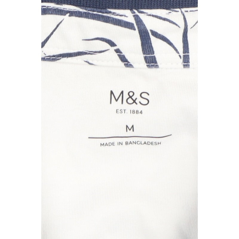 Marks and Spencer Men White Blue Tropical Leaf Cotton Polo Shirt M
