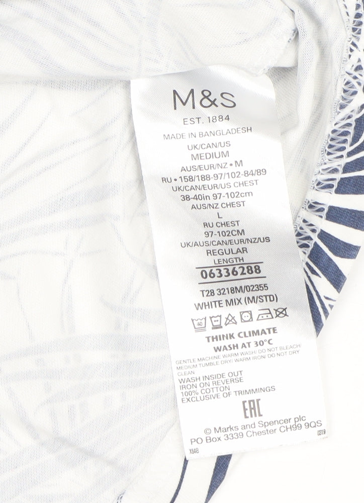Marks and Spencer Men White Blue Tropical Leaf Cotton Polo Shirt M