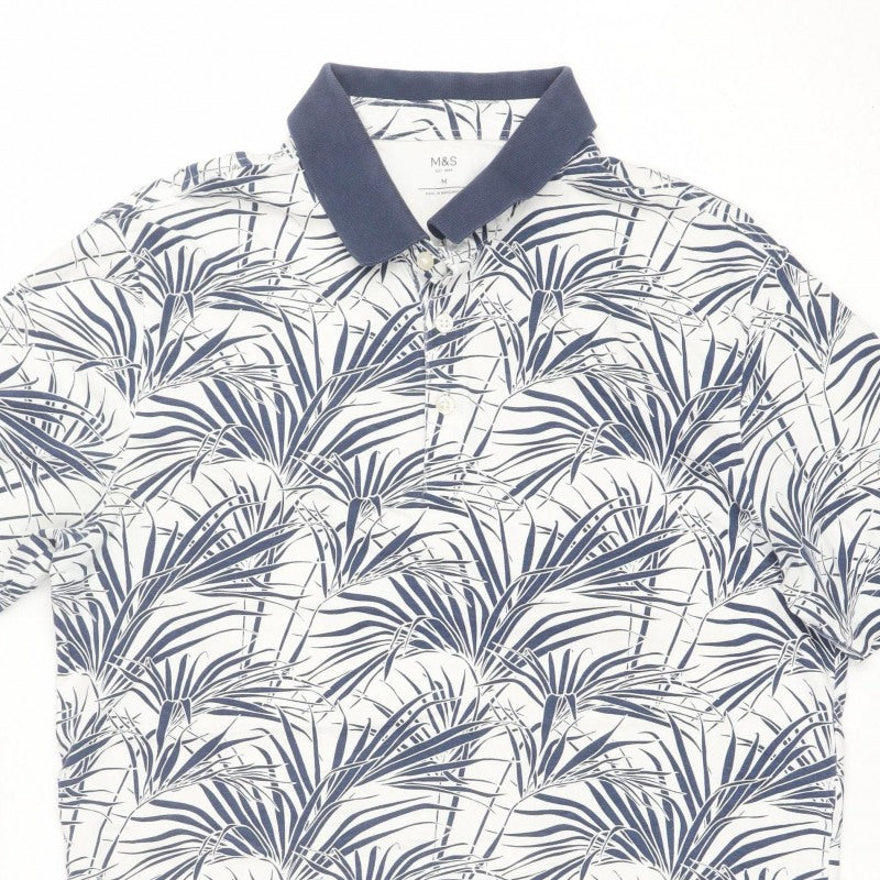 Marks and Spencer Men White Blue Tropical Leaf Cotton Polo Shirt M