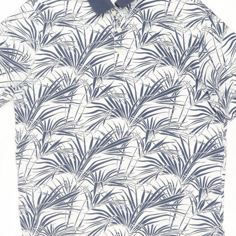 Marks and Spencer Men White Blue Tropical Leaf Cotton Polo Shirt M