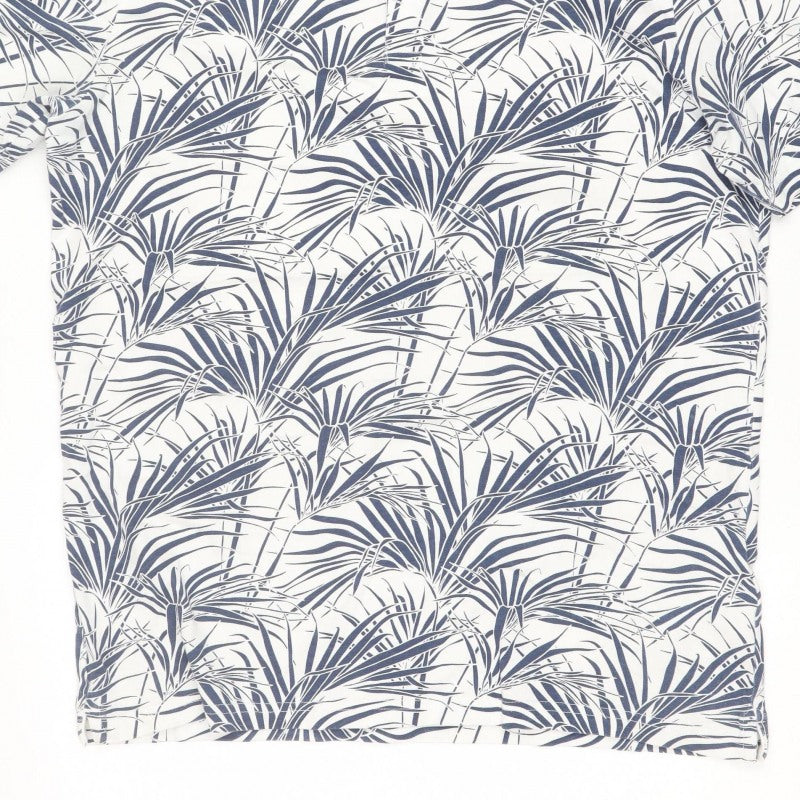 Marks and Spencer Men White Blue Tropical Leaf Cotton Polo Shirt M