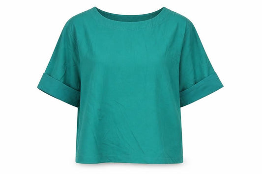 Jigsaw Women Green S Cotton Round Neck 3/4 Sleeve Blouse