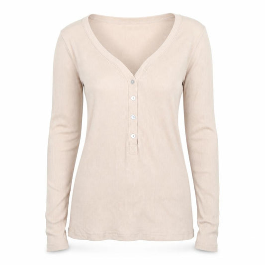 H&M Women Beige S Ribbed Long Sleeve Henley T-Shirt