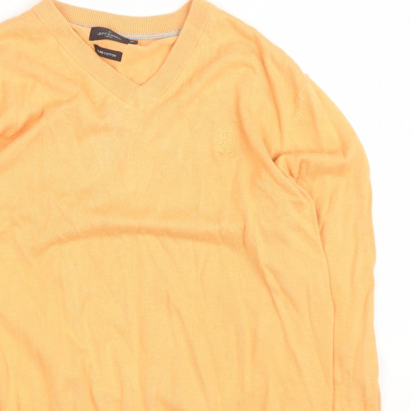 Jeff Banks Men Orange XL V-Neck Pure Cotton Logo Jumper Pullover
