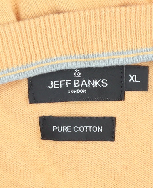 Jeff Banks Men Orange XL V-Neck Pure Cotton Logo Jumper Pullover
