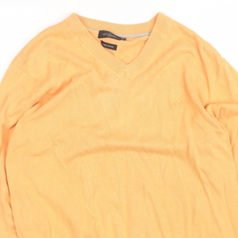 Jeff Banks Men Orange XL V-Neck Pure Cotton Logo Jumper Pullover
