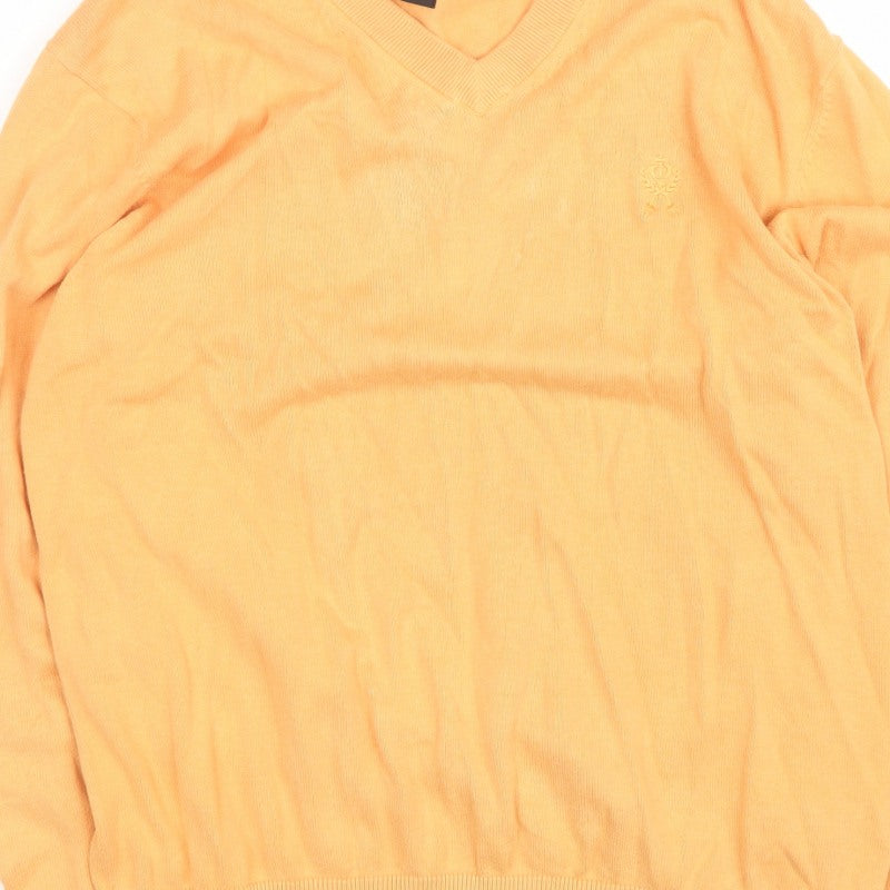 Jeff Banks Men Orange XL V-Neck Pure Cotton Logo Jumper Pullover