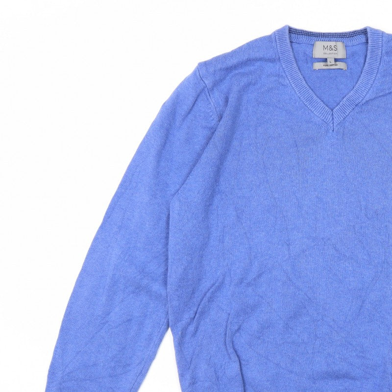 Marks and Spencer Men Blue L Pure Cotton V-Neck Pullover Jumper