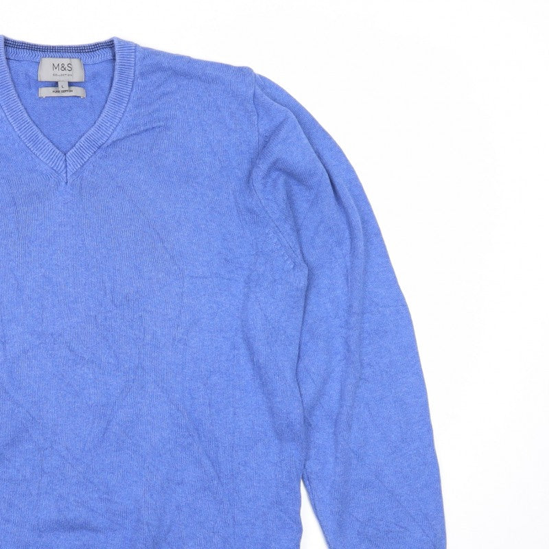 Marks and Spencer Men Blue L Pure Cotton V-Neck Pullover Jumper