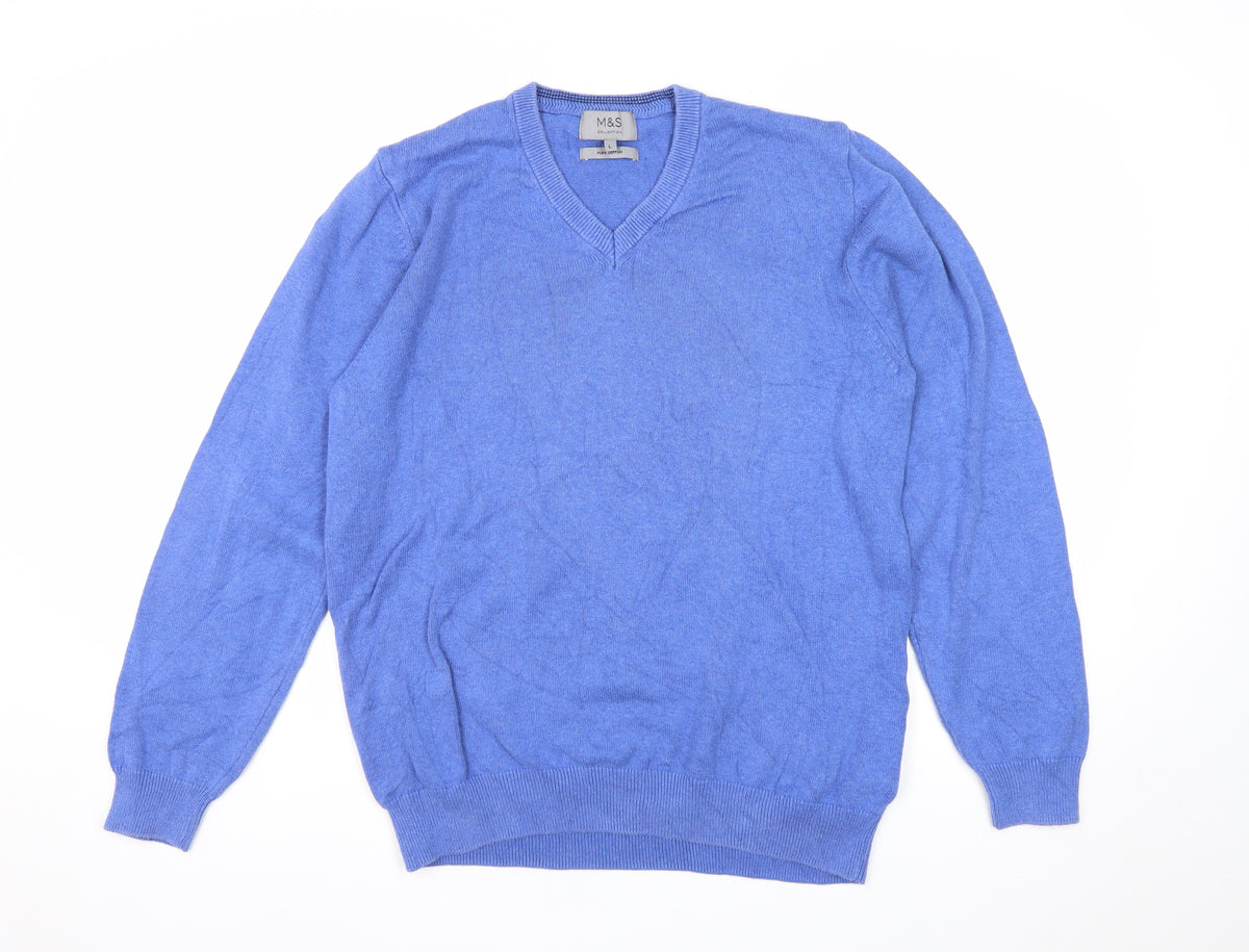 Marks and Spencer Men Blue L Pure Cotton V-Neck Pullover Jumper