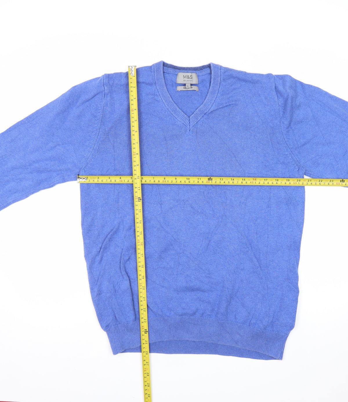 Marks and Spencer Men Blue L Pure Cotton V-Neck Pullover Jumper