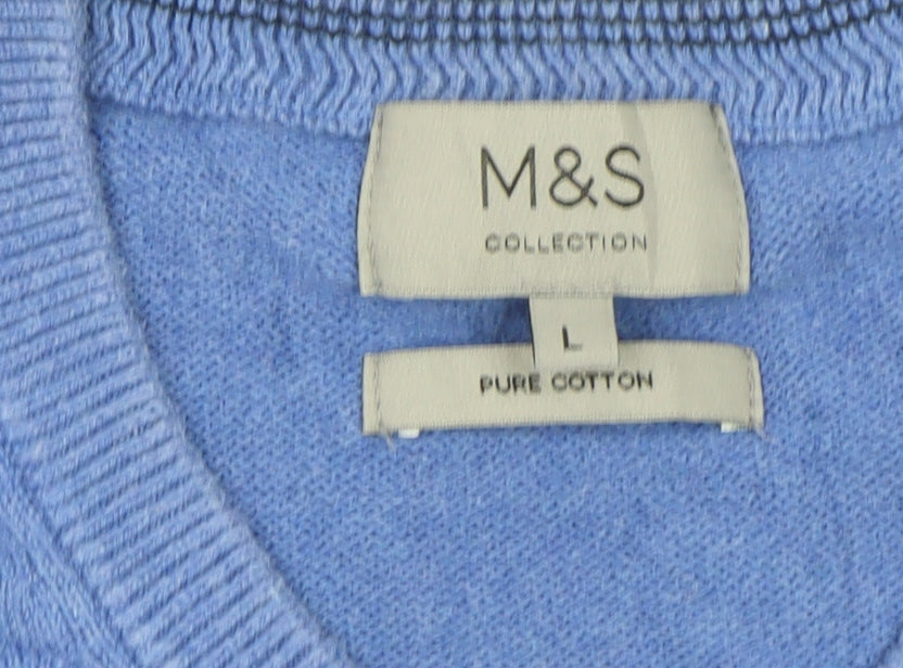 Marks and Spencer Men Blue L Pure Cotton V-Neck Pullover Jumper