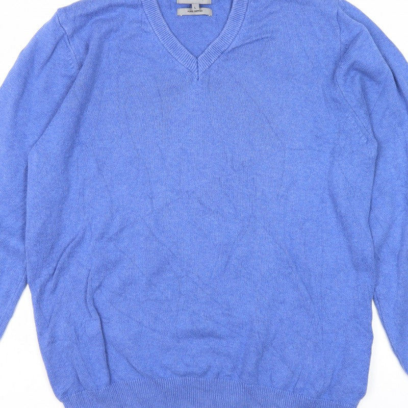 Marks and Spencer Men Blue L Pure Cotton V-Neck Pullover Jumper