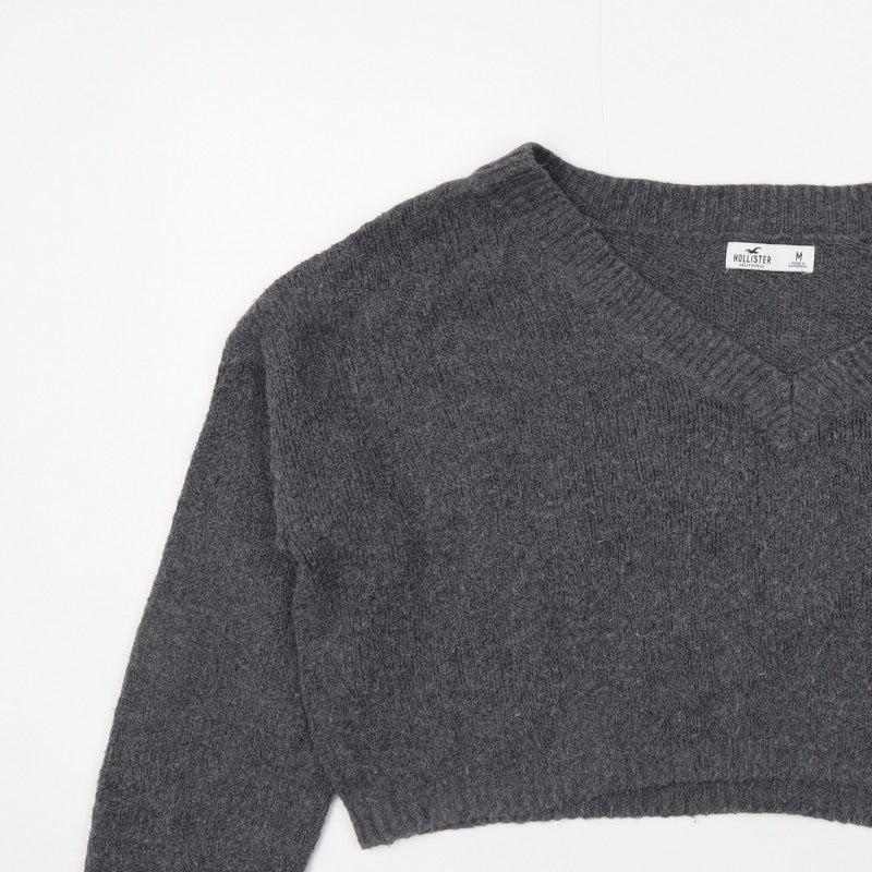 Hollister Men’s Grey M V-Neck Logo Knit Pullover Jumper