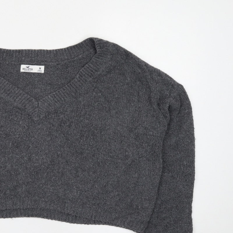 Hollister Men’s Grey M V-Neck Logo Knit Pullover Jumper